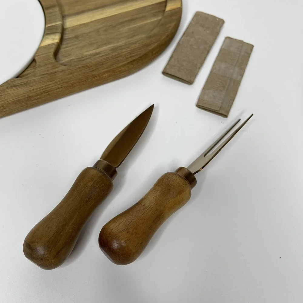 Wooden Cheese‎ Board w/ Ceramic Center and Knife Fork Copper